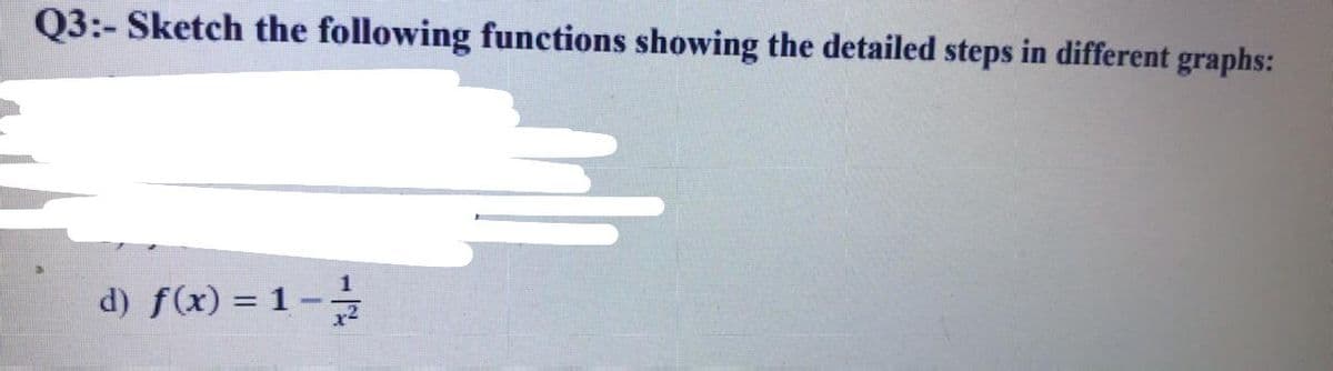 Q3:- Sketch the following functions showing the detailed steps in different graphs:
d) f(x) = 1 -
