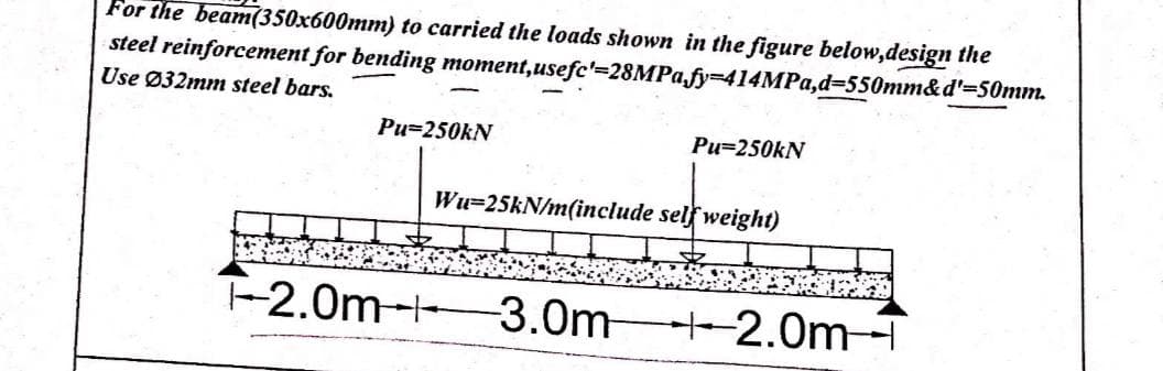 For the beam(350x600mm) to carried the loads shown in the figure below,design the
usefc'=28MPa,fy-414MPa,d-550mm&d'=50mm.
steel reinforcement for bending moment,
Use Ø32mm steel bars.
-
Pu-250kN
Pu=250kN
Wu-25kN/m(include self weight)
-2.0m-3.0m-2.0m