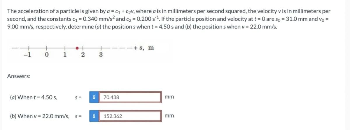 The acceleration of a particle is given by a = C₁ + C₂v, where a is in millimeters per second squared, the velocity v is in millimeters per
second, and the constants c₁ = 0.340 mm/s² and c₂ = 0.200 s1. If the particle position and velocity at t = 0 are so = 31.0 mm and vo=
9.00 mm/s, respectively, determine (a) the positions when t = 4.50 s and (b) the positions when v = 22.0 mm/s.
-1
Answers:
+
0
(a) When t = 4.50 s,
+
1
2
S=
+
3
i 70.438
(b) When v = 22.0 mm/s, S= i 152.362
-+s, m
mm
mm