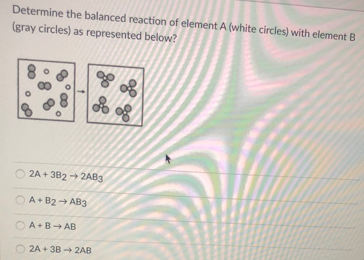 Determine the balanced reaction of element A (white circles) with element B
(gray circles) as represented below?
2A + 3B2 → 2AB3
A+ B2 → AB3
O A+B→ AB
2A + 3B → 2AB
