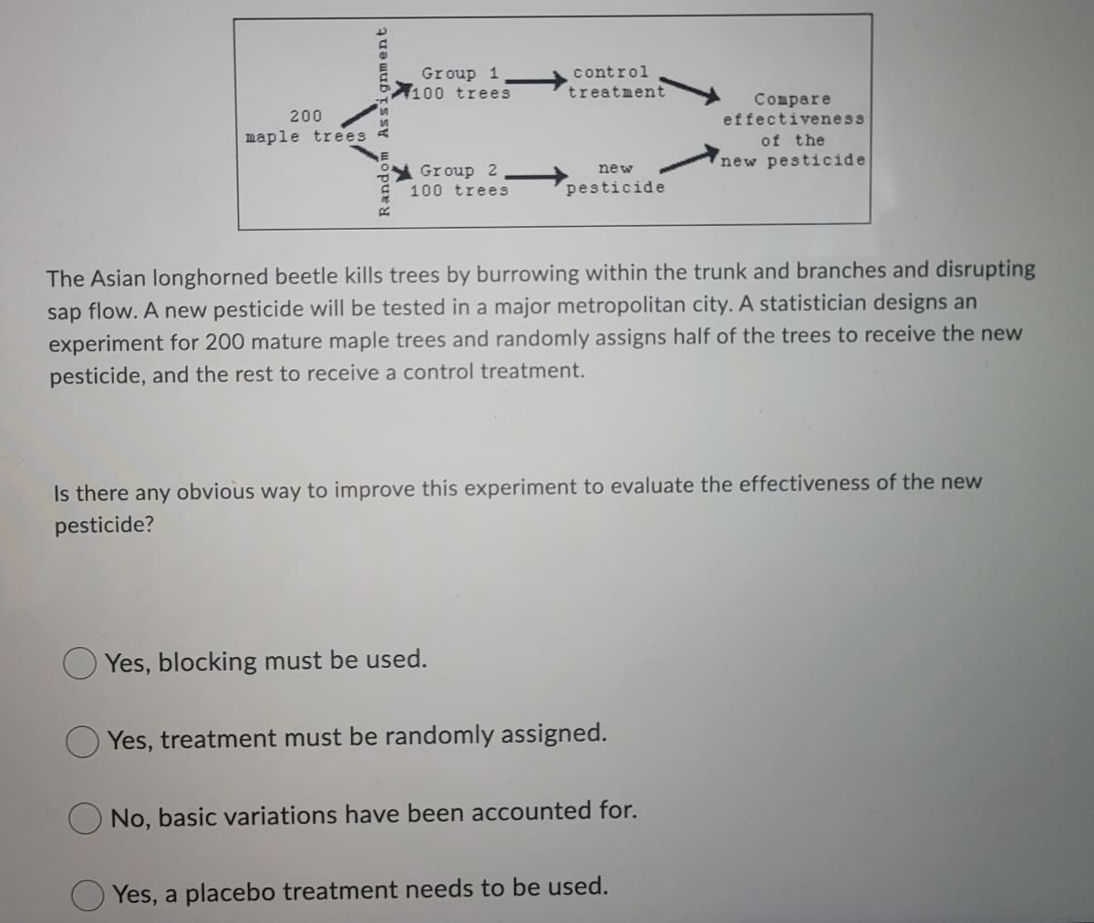 Group 1
100 trees
control
treatment
Compare
effectiveness
200
maple trees
of the
new pesticide
Group 2
100 trees
new
pesticide
The Asian longhorned beetle kills trees by burrowing within the trunk and branches and disrupting
sap flow. A new pesticide will be tested in a major metropolitan city. A statistician designs an
experiment for 200 mature maple trees and randomly assigns half of the trees to receive the new
pesticide, and the rest to receive a control treatment.
Is there any obvious way to improve this experiment to evaluate the effectiveness of the new
pesticide?
Yes, blocking must be used.
Yes, treatment must be randomly assigned.
No, basic variations have been accounted for.
Yes, a placebo treatment needs to be used.
Assignment
