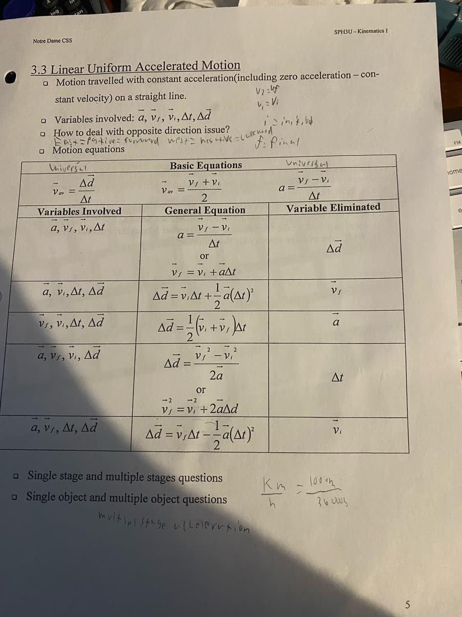 Notre Dame CSS
3.3 Linear Uniform Accelerated Motion
a Motion travelled with constant acceleration (including zero acceleration - con-
stant velocity) on a straight line.
□ Variables involved: a, vs, V, At, Ad
a How to deal with opposite direction issue?
Motion equations
Universal
0
Vav =
Ad
At
Variables Involved
a, vs, Vi, At
a, vi, At, Ad
Vs, Vi, At, Ad
a, vs, vi, Ad
α, ν,, Δί, Δd
Basic Equations
Vs + Vi
2
vai =
General Equation
Vs - Vi
At
or
V₁ = V₁ + alt
1
Ad=v₁At+ = a(At)²
2
a =
Ad = (v₁ + ₁)^²
Δd
v
2
Ad
Vj
or
2
Vi
2a
2
Single stage and multiple stages questions
Single object and multiple object questions
V2=4f
v₁ = Vi
is in, t, udb
-2
-2
Vi
Vj = V₁ + 2and
1
Ad = v₁st -- a(At)²
multipl Stuye Leleration
F: final
SPH3U-Kinematics I
Universal
Vs - Vi
At
Variable Eliminated
a =
Km
Ad
Vs
a
At
Vi
1000m
36 us
5
F14
iome
e