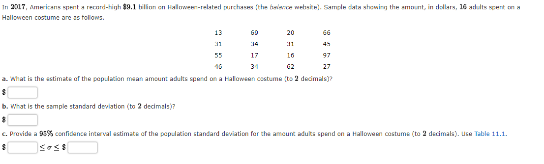 In 2017, Americans spent a record-high $9.1 billion on Halloween-related purchases (the balance website). Sample data showing the amount, in dollars, 16 adults spent on a
Halloween costume are as follows.
69
34
13
20
31
31
55
16
46
62
a. What is the estimate of the population mean amount adults spend on a Halloween costume (to 2 decimals)?
$
66
45
97
27
17
34
b. What is the sample standard deviation (to 2 decimals)?
$
c. Provide a 95% confidence interval estimate of the population standard deviation for the amount adults spend on a Halloween costume (to 2 decimals). Use Table 11.1.
so≤ $
$