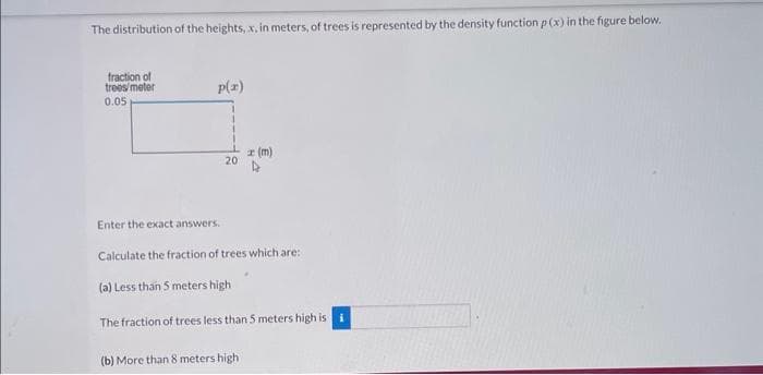 The distribution of the heights, x, in meters, of trees is represented by the density function p(x) in the figure below.
fraction of
trees/meter
0.05
p(x)
Enter the exact answers.
20
z (m)
Calculate the fraction of trees which are:
(a) Less than 5 meters high
The fraction of trees less than 5 meters high is i
(b) More than 8 meters high