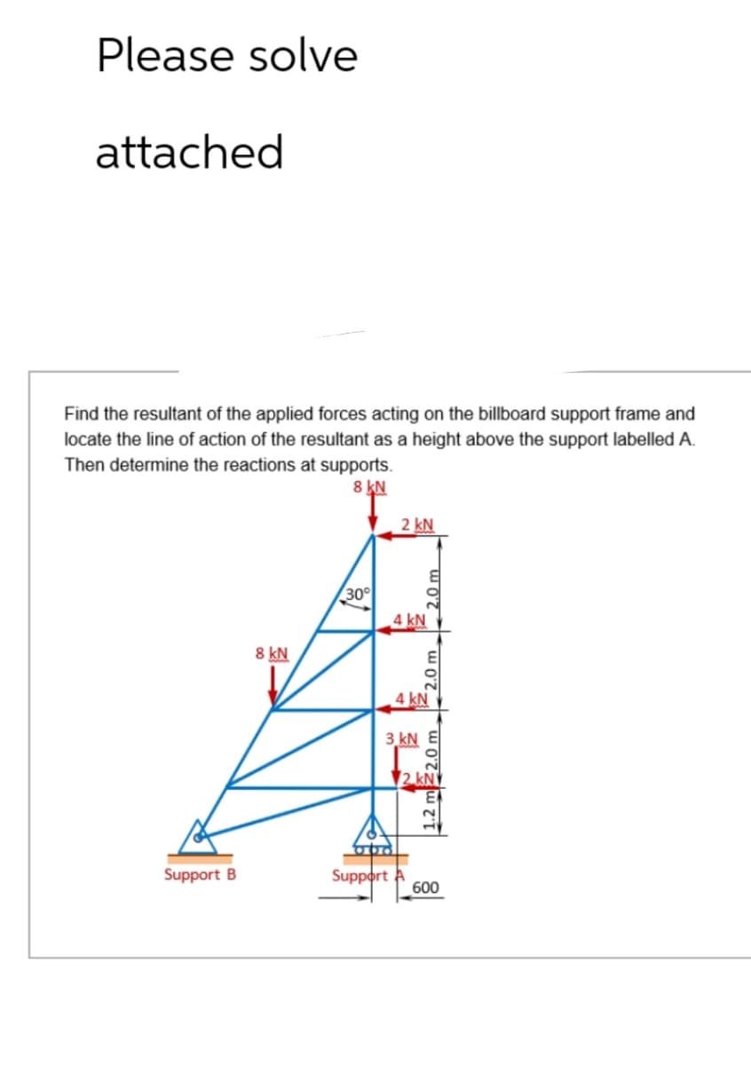 Please solve
attached
Find the resultant of the applied forces acting on the billboard support frame and
locate the line of action of the resultant as a height above the support labelled A.
Then determine the reactions at supports.
8 KN
Support B
8 kN
30°
2 kN
4 kN
2.0 m
2.0 m
4 kN
3 kN E
Support A
2.KN
600