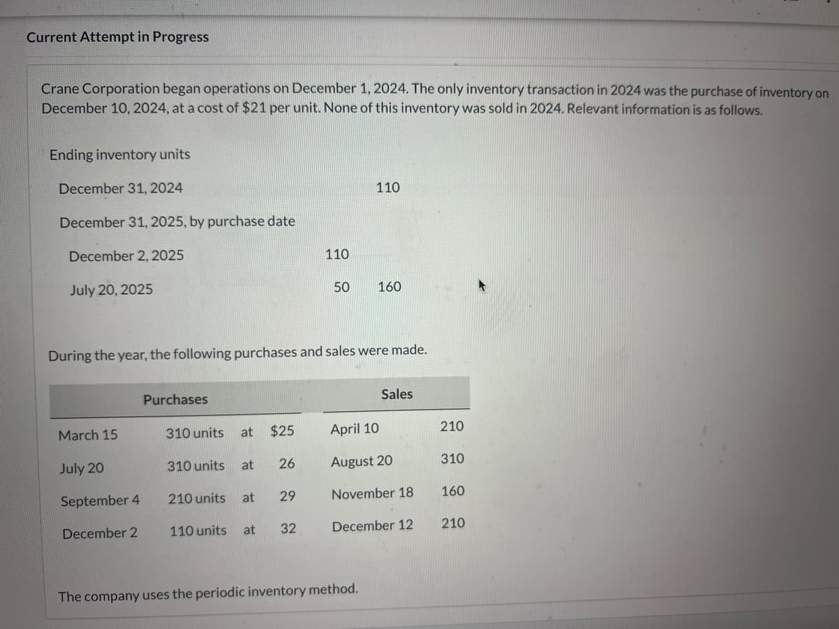 Current Attempt in Progress
Crane Corporation began operations on December 1, 2024. The only inventory transaction in 2024 was the purchase of inventory on
December 10, 2024, at a cost of $21 per unit. None of this inventory was sold in 2024. Relevant information is as follows.
Ending inventory units
December 31, 2024
December 31, 2025, by purchase date
December 2, 2025
July 20, 2025
110
110
50
160
During the year, the following purchases and sales were made.
Purchases
Sales
March 15
310 units at
$25
April 10
210
July 20
310 units at
26
August 20
310
September 4
210 units
at 29
November 18
160
December 2
110 units
at
32
December 12
210
The company uses the periodic inventory method.