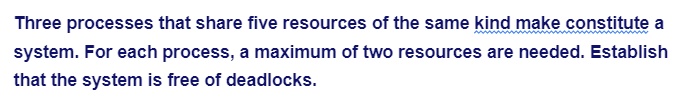 Three processes that share five resources of the same kind make constitute a
system. For each process, a maximum of two resources are needed. Establish
that the system is free of deadlocks.