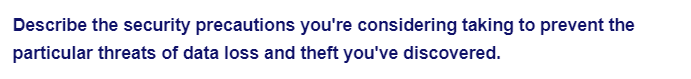 Describe the security precautions you're considering taking to prevent the
particular threats of data loss and theft you've discovered.