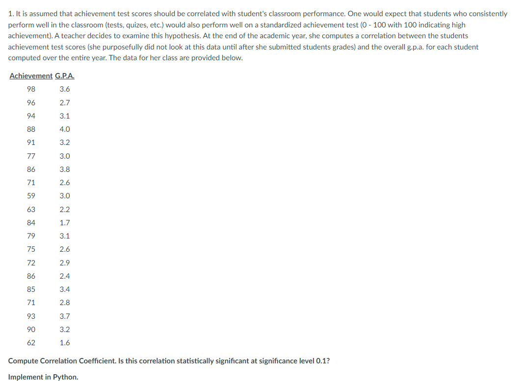 1. It is assumed that achievement test scores should be correlated with student's classroom performance. One would expect that students who consistently
perform well in the classroom (tests, quizes, etc.) would also perform well on a standardized achievement test (0-100 with 100 indicating high
achievement). A teacher decides to examine this hypothesis. At the end of the academic year, she computes a correlation between the students
achievement test scores (she purposefully did not look at this data until after she submitted students grades) and the overall g.p.a. for each student
computed over the entire year. The data for her class are provided below.
Achievement G.P.A.
98
3.6
96
2.7
94
3.1
88
4.0
91
3.2
77
3.0
86
3.8
71
2.6
59
3.0
63
2.2
84
1.7
79
3.1
75
2.6
72
2.9
86
2.4
85
3.4
71
2.8
93
3.7
90
3.2
62
1.6
Compute Correlation Coefficient. Is this correlation statistically significant at significance level 0.1?
Implement in Python.