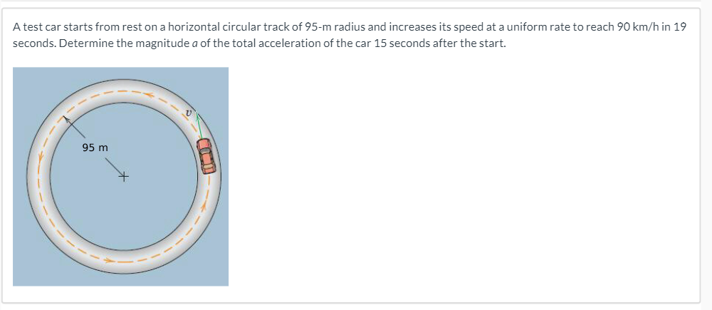 A test car starts from rest on a horizontal circular track of 95-m radius and increases its speed at a uniform rate to reach 90 km/h in 19
seconds. Determine the magnitude a of the total acceleration of the car 15 seconds after the start.
95 m