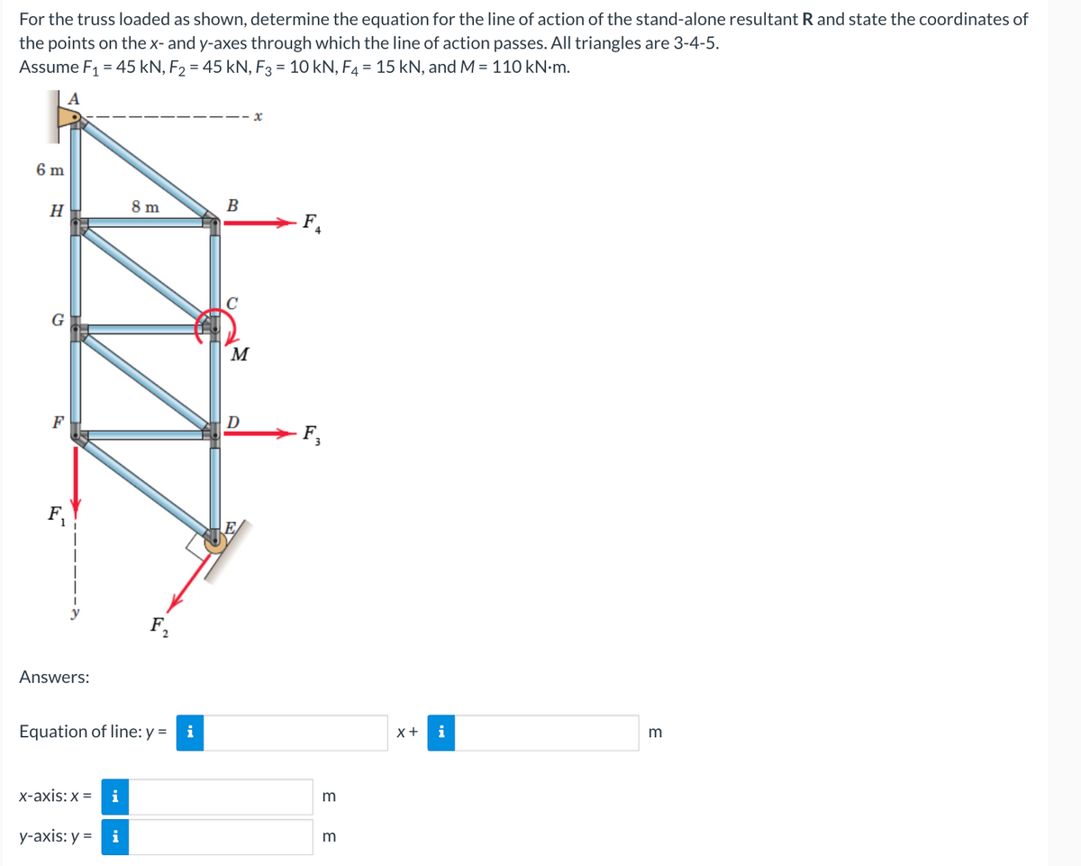 For the truss loaded as shown, determine the equation for the line of action of the stand-alone resultant R and state the coordinates of
the points on the x- and y-axes through which the line of action passes. All triangles are 3-4-5.
Assume F₁ = 45 kN, F₂ = 45 kN, F3 = 10 kN, F4 = 15 kN, and M = 110 kN.m.
A
6 m
H
G
F₁
Answers:
x-axis: x = i
Equation of line: y =
y-axis: y =
8 m
i
F₂
i
B
M
D
x
F₁
F3
E E
m
X +
i
3