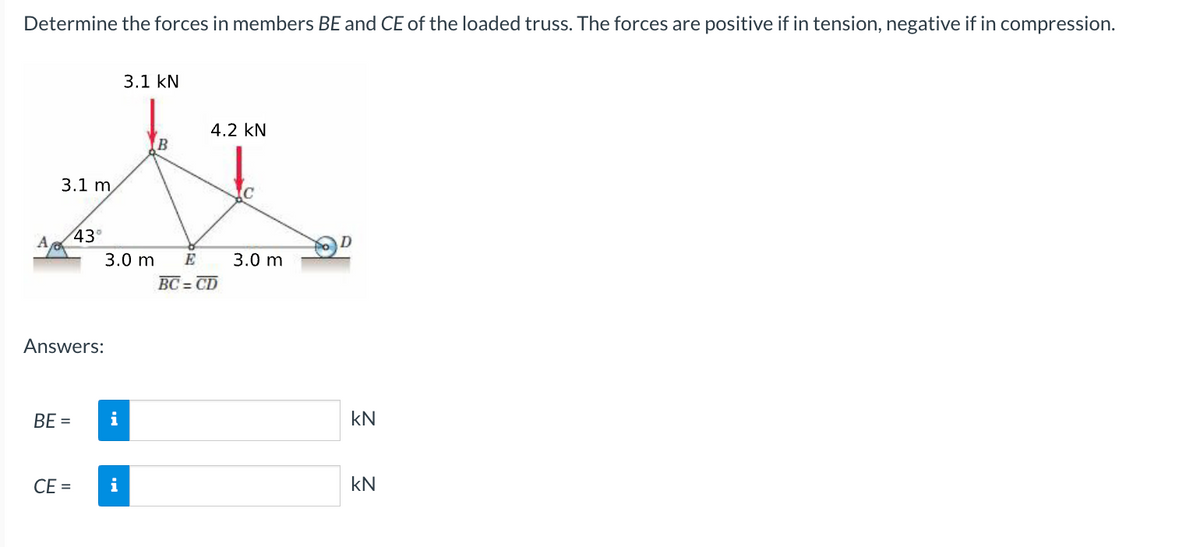 Determine the forces in members BE and CE of the loaded truss. The forces are positive if in tension, negative if in compression.
3.1 m
3.1 KN
X
BE=
CE=
43°
Answers:
3.0 m
i
i
4.2 KN
E
BC=CD
3.0 m
D
KN
kN