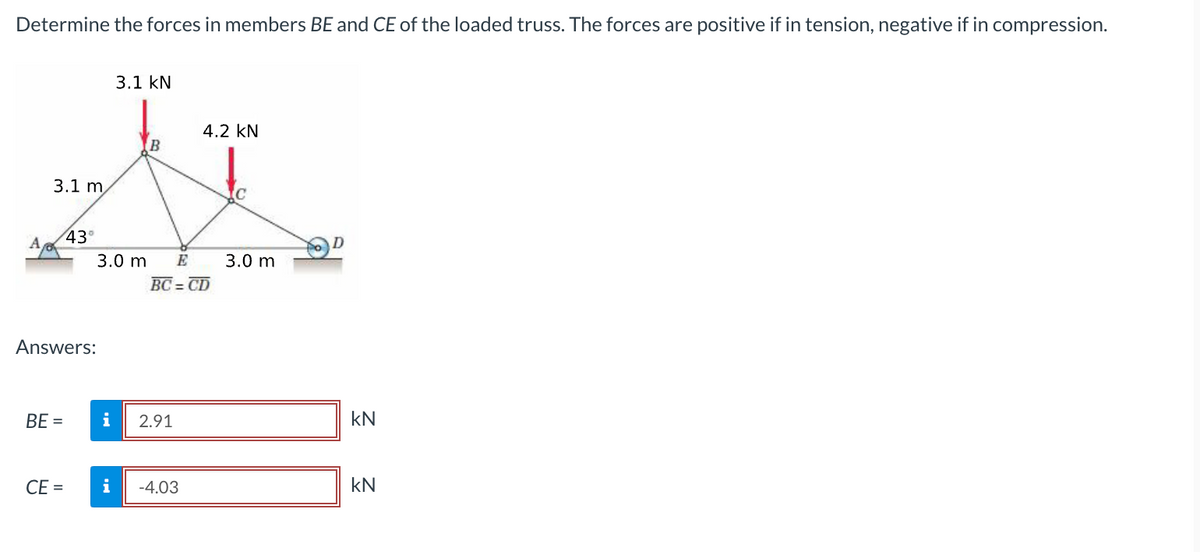 Determine the forces in members BE and CE of the loaded truss. The forces are positive if in tension, negative if in compression.
3.1 kN
4.2 KN
G
3.1 m
43°
3.0 m E 3.0 m
BC=CD
Ap
Answers:
BE=
CE=
i 2.91
i -4.03
kN
KN