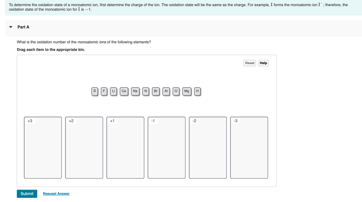 To determine the oxidation state of a monoatomic ion, first determine the charge of the ion. The oxidation state will be the same as the charge. For example, I forms the monoatomic ion I¯; therefore, the
oxidation state of the monoatomic ion for I is –1.
Part A
What is the oxidation number of the monoatomic ions of the following elements?
Drag each item to the appropriate bin.
Reset
Help
F
Li
Са
Na
Br
Al
Mg
H
+3
+2
+1
-1
-2
-3
Submit
Request Answer
|이
