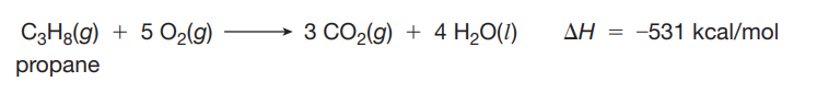 C3H3(g) + 5 O2(g)
3 CO2(g) + 4 H20(1)
AH = -531 kcal/mol
propane
