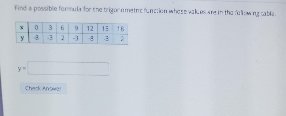 Find a possible formula for the trigonometric function whose values are in the following table.
X
y
y =
در از
0
-8 -3
3
6 9 12 15 18
2 -3
-8
-3
2
Check Answer