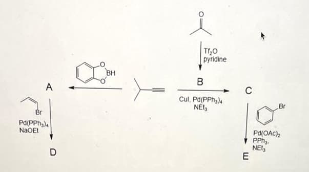 TI,0
pyridine
BH
B
A
C
Cul, Pd(PPh,),
Br
Br
Pd(PPh,)4
NaOEt
Pd(OAC),
PPh,.
NEt,
E
D
