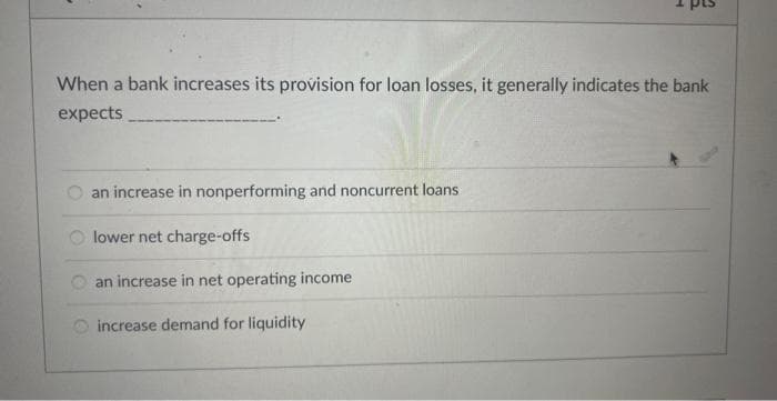 When a bank increases its provision for loan losses, it generally indicates the bank
expects
an increase in nonperforming and noncurrent loans
lower net charge-offs
an increase in net operating income
increase demand for liquidity