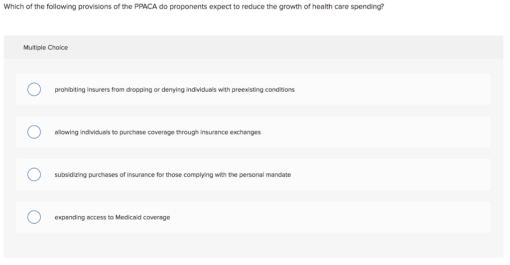 Which of the following provisions of the PPACA do proponents expect to reduce the growth of health care spending?
Multiple Choice
prohibiting insurers from dropping or denying individuals with preexisting conditions
allowing individuals to purchase coverage through insurance exchanges
subsidizing purchases of insurance for those complying with the personal mandate
expanding access to Medicaid coverage