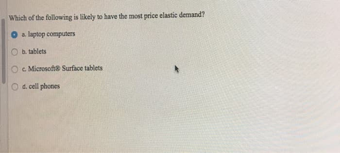 Which of the following is likely to have the most price elastic demand?
a. laptop computers
Ob. tablets
c. Microsoft Surface tablets
d. cell phones