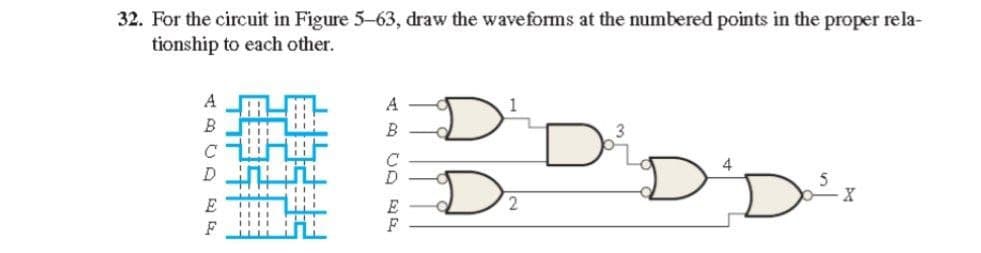 32. For the circuit in Figure 5-63, draw the waveforms at the numbered points in the proper rela-
tionship to each other.
A
A
4
E
E
F
