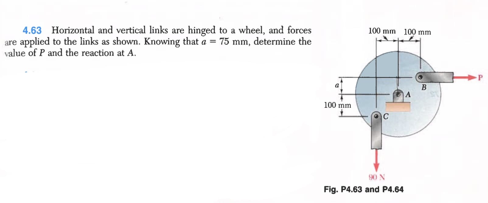 4.63 Horizontal and vertical links are hinged to a wheel, and forces
are applied to the links as shown. Knowing that a =
value of P and the reaction at A.
100 mm
100 mm
75 mm, determine the
a
В
100 mm
90 N
Fig. P4.63 and P4.64
