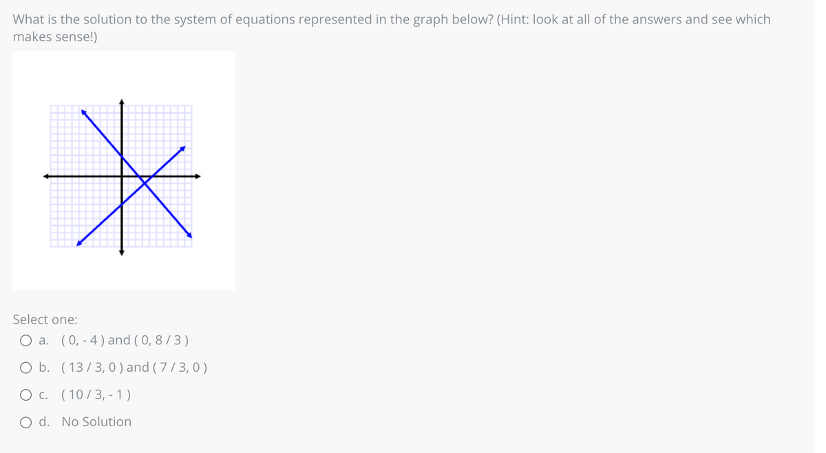 What is the solution to the system of equations represented in the graph below? (Hint: look at all of the answers and see which
makes sense!)
*
Select one:
a. (0, -4) and (0,8/3)
O b.
O c. (10/3, -1)
O d. No Solution
(13/3, 0 ) and (7/3, 0)