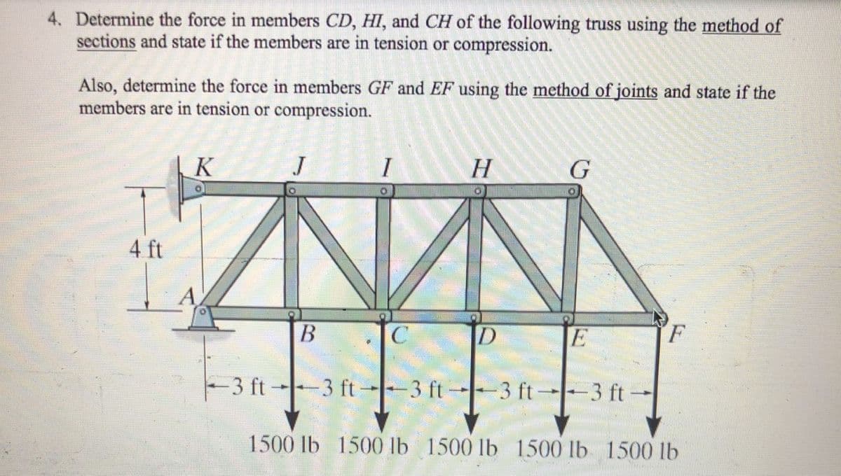 4. Determine the force in members CD, HI, and CH of the following truss using the method of
sections and state if the members are in tension or compression.
Also, determine the force in members GF and EF using the method of joints and state if the
members are in tension or compression.
K
J
H
G
4 ft
В
3 ft
3 ft-
-3 ft
3 ft 3 ft
1500 lb 1500 lb 1500 lb 1500 lb 1500 1b
