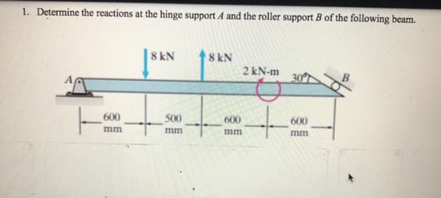 1. Determine the reactions at the hinge support A and the roller support B of the following beam.
8 kN
8 kN
2 kN-m
30
600
500
600
600
mm
mm
mm
mm
