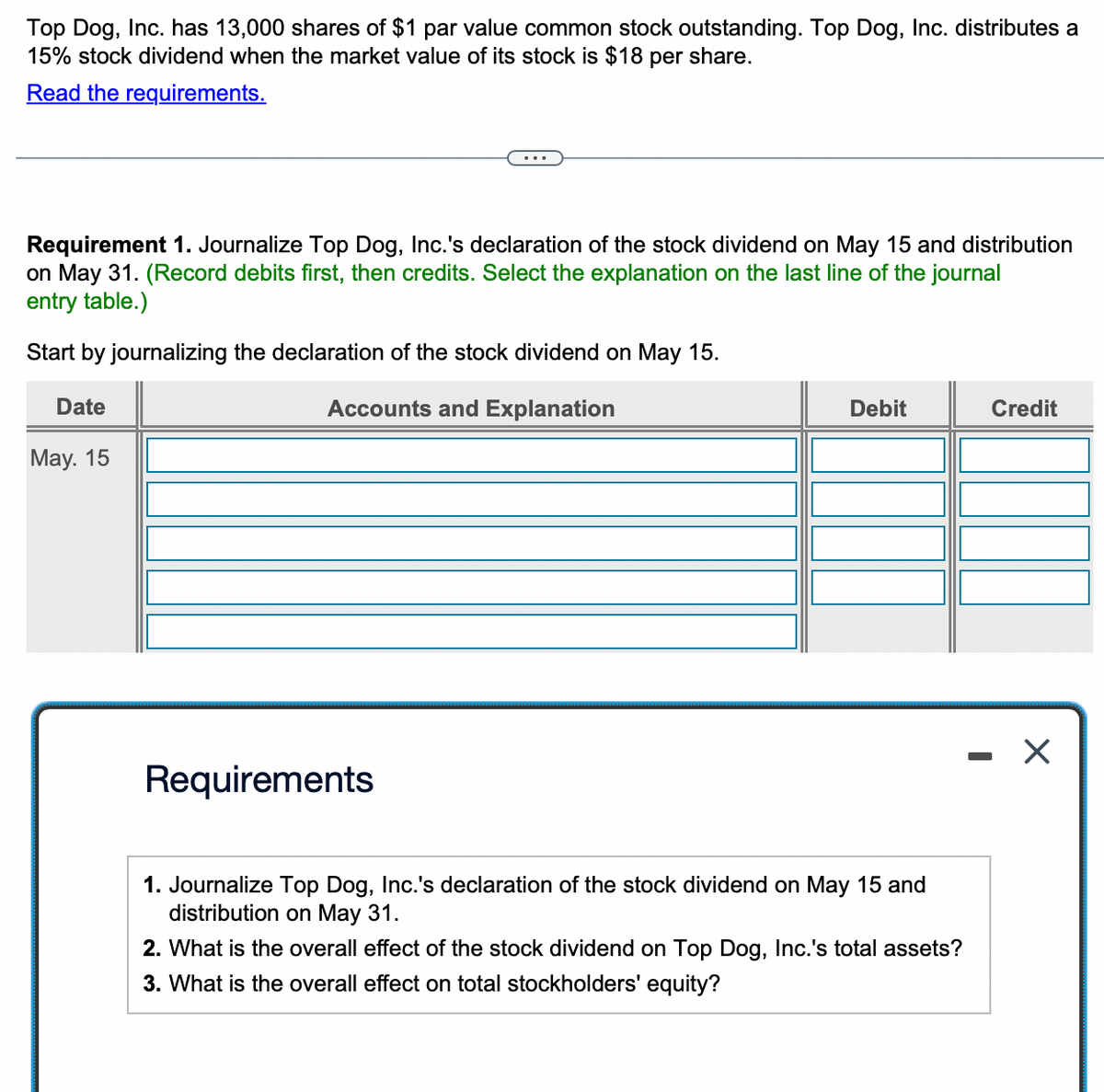 Top Dog, Inc. has 13,000 shares of $1 par value common stock outstanding. Top Dog, Inc. distributes a
15% stock dividend when the market value of its stock is $18 per share.
Read the requirements.
Requirement 1. Journalize Top Dog, Inc.'s declaration of the stock dividend on May 15 and distribution
on May 31. (Record debits first, then credits. Select the explanation on the last line of the journal
entry table.)
Start by journalizing the declaration of the stock dividend on May 15.
Ad punts and Explanation
Date
May. 15
Requirements
Debit
1. Journalize Top Dog, Inc.'s declaration of the stock dividend on May 15 and
distribution on May 31.
2. What is the overall effect of the stock dividend on Top Dog, Inc.'s total assets?
3. What is the overall effect on total stockholders' equity?
Credit
X