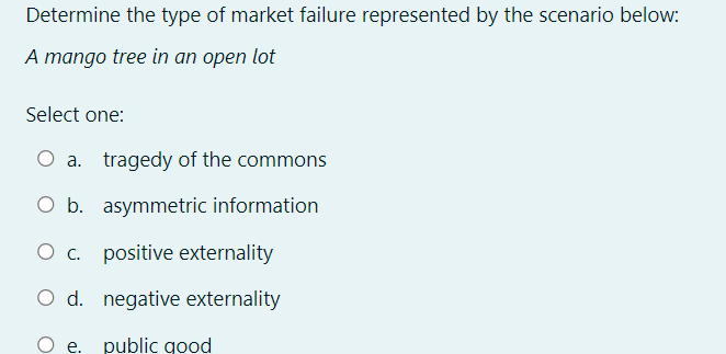 Determine the type of market failure represented by the scenario below:
A mango tree in an open lot
Select one:
O a. tragedy of the commons
O b. asymmetric information
O c. positive externality
O d. negative externality
e. public good