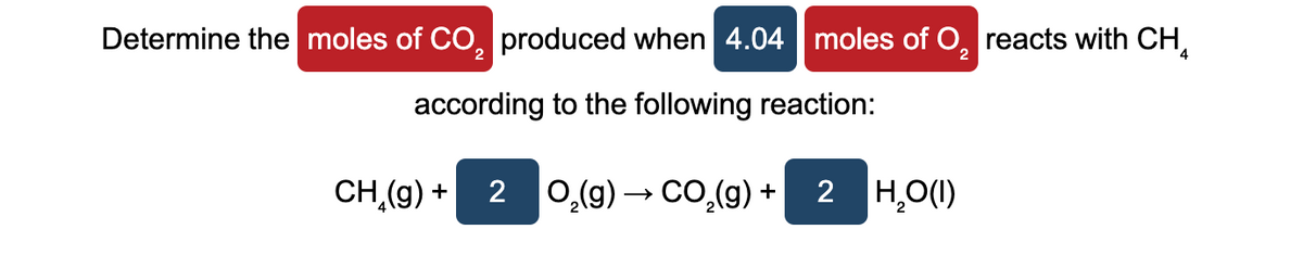 Determine the moles of CO, produced when 4.04 moles of O, reacts with CH,
according to the following reaction:
CH,(g) + 2 0,(g) → CO,(g) + 2 H,O(1)
