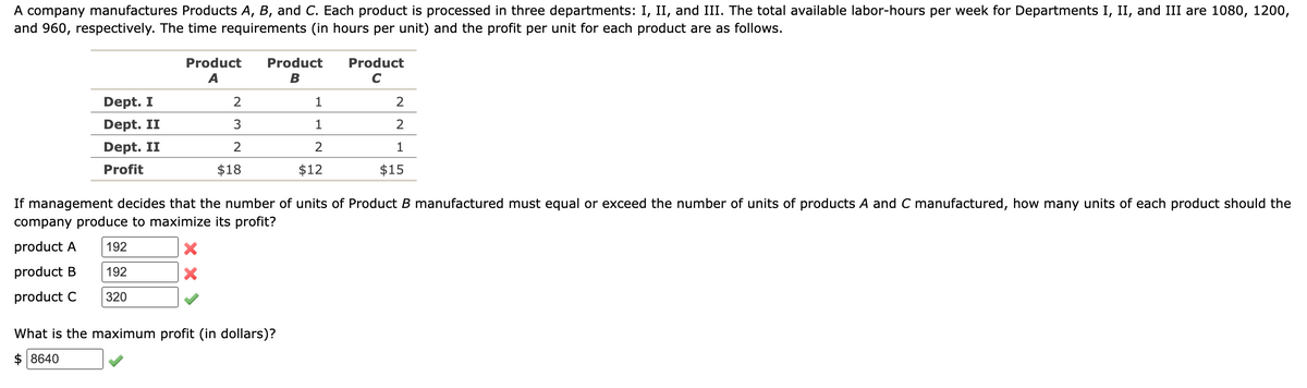 A company manufactures Products A, B, and C. Each product is processed in three departments: I, II, and III. The total available labor-hours per week for Departments I, II, and III are 1080, 1200,
and 960, respectively. The time requirements (in hours per unit) and the profit per unit for each product are as follows.
Dept. I
Dept. II
Dept. II
Profit
Product
A
2
3
2
$18
X
X
Product
B
1
1
2
$12
What is the maximum profit (in dollars)?
$ 8640
Product
C
If management decides that the number of units of Product B manufactured must equal or exceed the number of units of products A and C manufactured, how many units of each product should the
company produce to maximize its profit?
product A 192
product B
192
product C
320
2
2
1
$15