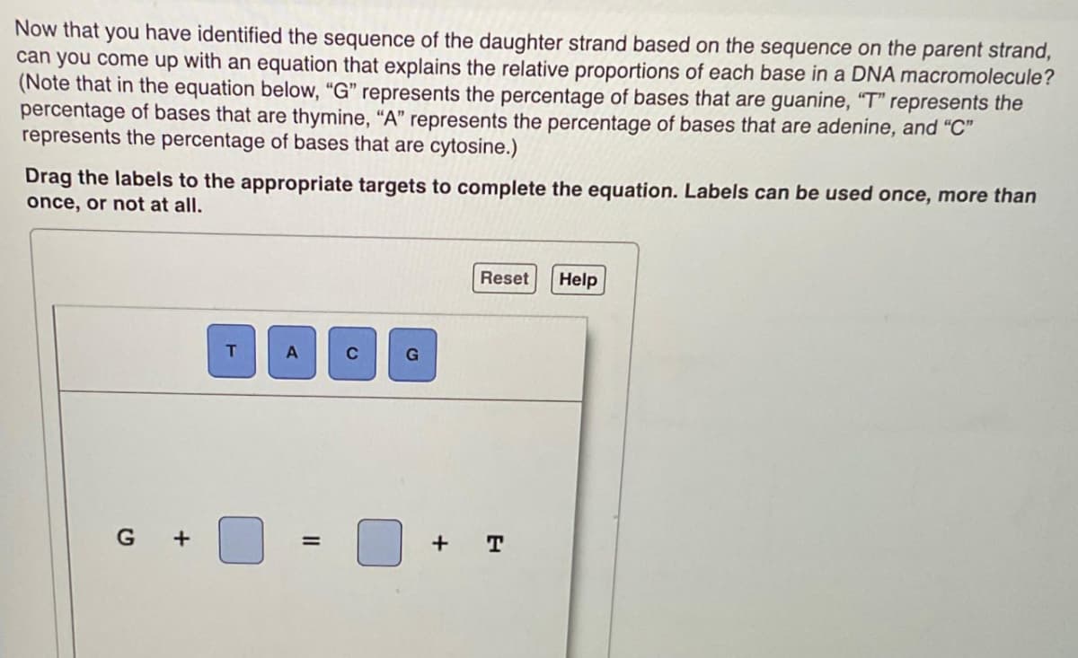 Now that you have identified the sequence of the daughter strand based on the sequence on the parent strand,
can you come up with an equation that explains the relative proportions of each base in a DNA macromolecule?
(Note that in the equation below, "G" represents the percentage of bases that are guanine, "T" represents the
percentage of bases that are thymine, "A" represents the percentage of bases that are adenine, and "C"
represents the percentage of bases that are cytosine.)
Drag the labels to the appropriate targets to complete the equation. Labels can be used once, more than
once, or not at all.
G
+
T
0
Reset
Help
=
+ T