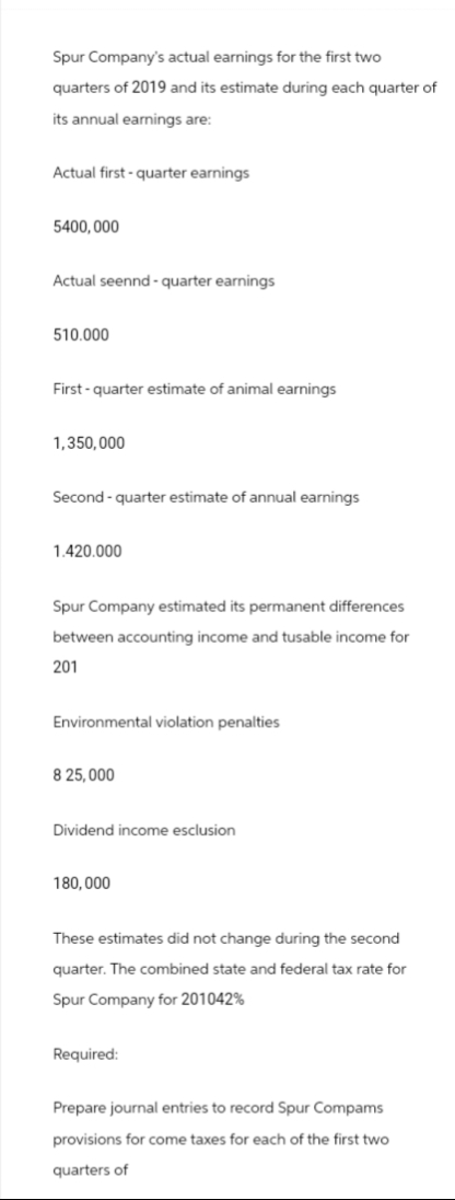 Spur Company's actual earnings for the first two
quarters of 2019 and its estimate during each quarter of
its annual earnings are:
Actual first-quarter earnings
5400,000
Actual seennd-quarter earnings
510.000
First-quarter estimate of animal earnings
1,350,000
Second-quarter estimate of annual earnings
1.420.000
Spur Company estimated its permanent differences
between accounting income and tusable income for
201
Environmental violation penalties
8 25,000
Dividend income esclusion
180,000
These estimates did not change during the second
quarter. The combined state and federal tax rate for
Spur Company for 201042%
Required:
Prepare journal entries to record Spur Compams
provisions for come taxes for each of the first two
quarters of