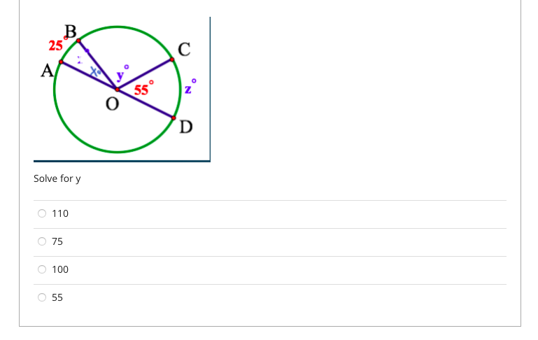 B
25
C
A
5°
Solve for y
110
75
100
55
