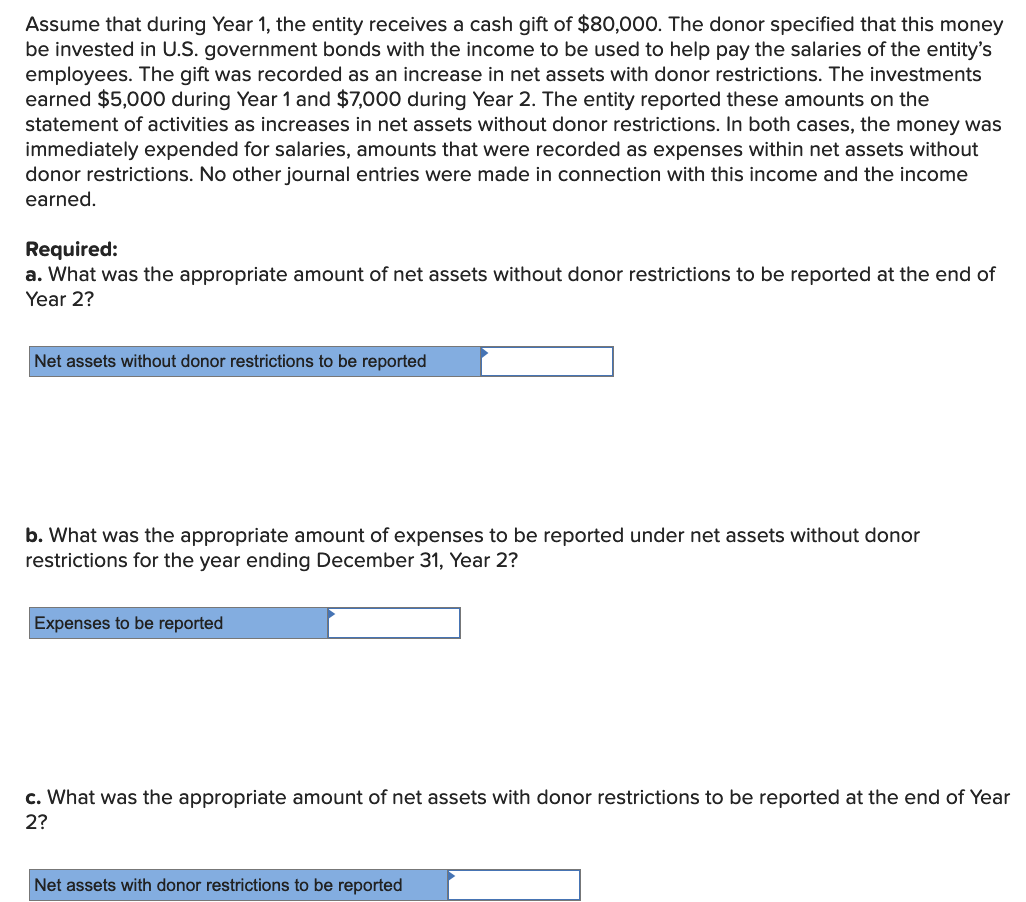 Assume that during Year 1, the entity receives a cash gift of $80,000. The donor specified that this money
be invested in U.S. government bonds with the income to be used to help pay the salaries of the entity's
employees. The gift was recorded as an increase in net assets with donor restrictions. The investments
earned $5,000 during Year 1 and $7,000 during Year 2. The entity reported these amounts on the
statement of activities as increases in net assets without donor restrictions. In both cases, the money was
immediately expended for salaries, amounts that were recorded as expenses within net assets without
donor restrictions. No other journal entries were made in connection with this income and the income
earned.
Required:
a. What was the appropriate amount of net assets without donor restrictions to be reported at the end of
Year 2?
Net assets without donor restrictions to be reported
b. What was the appropriate amount of expenses to be reported under net assets without donor
restrictions for the year ending December 31, Year 2?
Expenses to be reported
c. What was the appropriate amount of net assets with donor restrictions to be reported at the end of Year
2?
Net assets with donor restrictions to be reported
