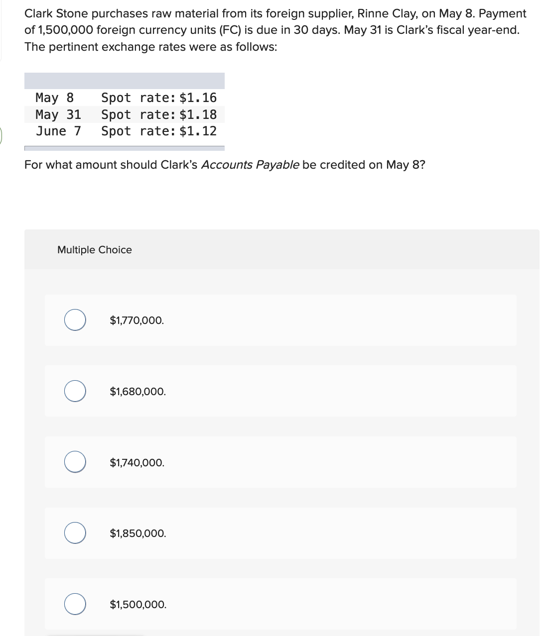 Clark Stone purchases raw material from its foreign supplier, Rinne Clay, on May 8. Payment
of 1,500,000 foreign currency units (FC) is due in 30 days. May 31 is Clark's fiscal year-end.
The pertinent exchange rates were as follows:
Маy 8
Мay 31
Spot rate: $1.16
Spot rate: $1.18
Spot rate: $1.12
June 7
For what amount should Clark's Accounts Payable be credited on May 8?
Multiple Choice
$1,770,000.
$1,680,000.
$1,740,000.
$1,850,000.
$1,500,000.
