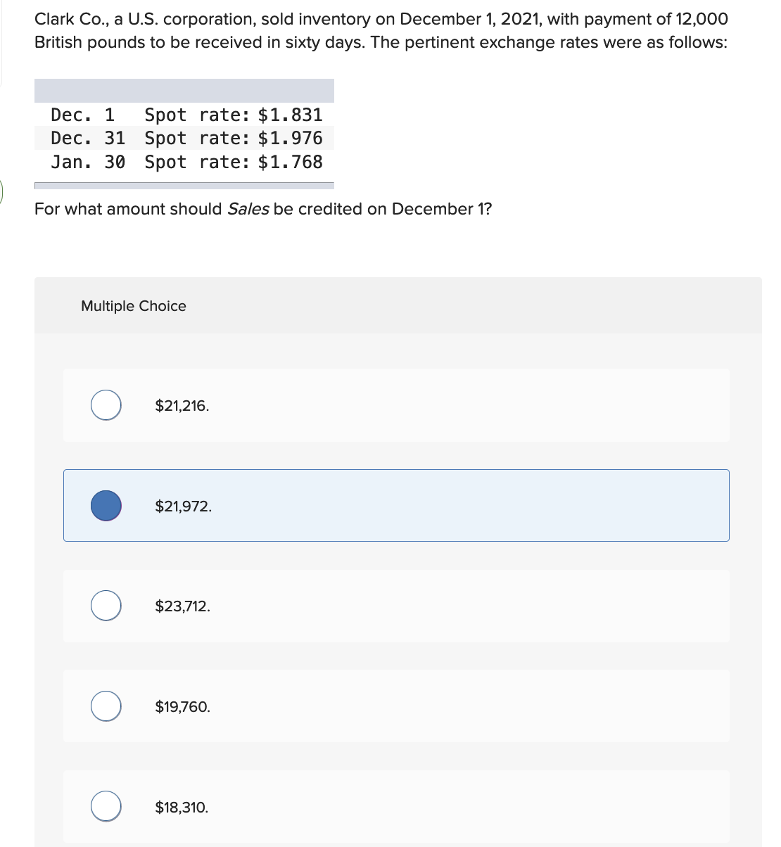 Clark Co., a U.S. corporation, sold inventory on December 1, 2021, with payment of 12,000
British pounds to be received in sixty days. The pertinent exchange rates were as follows:
Spot rate: $1.831
Dec. 31 Spot rate: $1.976
Jan. 30 Spot rate: $1.768
Dec. 1
For what amount should Sales be credited on December 1?
Multiple Choice
$21,216.
$21,972.
$23,712.
$19,760.
$18,310.
