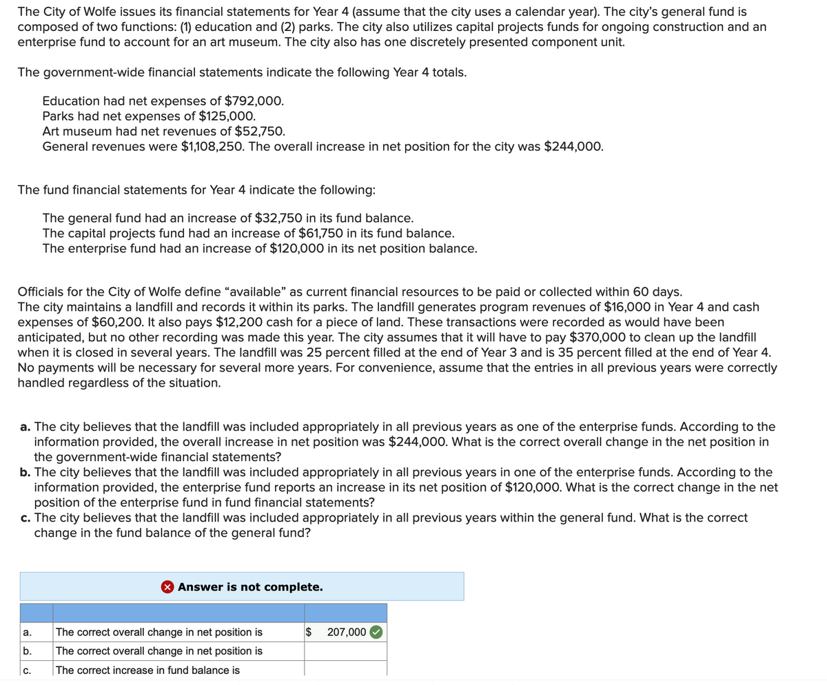 The City of Wolfe issues its financial statements for Year 4 (assume that the city uses a calendar year). The city's general fund is
composed of two functions: (1) education and (2) parks. The city also utilizes capital projects funds for ongoing construction and an
enterprise fund to account for an art museum. The city also has one discretely presented component unit.
The government-wide financial statements indicate the following Year 4 totals.
Education had net expenses of $792,000.
Parks had net expenses of $125,000.
Art museum had net revenues of $52,750.
General revenues were $1,108,250. The overall increase in net position for the city was $244,000.
The fund financial statements for Year 4 indicate the following:
The general fund had an increase of $32,750 in its fund balance.
The capital projects fund had an increase of $61,750 in its fund balance.
The enterprise fund had an increase of $120,000 in its net position balance.
Officials for the City of Wolfe define "available" as current financial resources to be paid or collected within 60 days.
The city maintains a landfill and records it within its parks. The landfill generates program revenues of $16,000 in Year 4 and cash
expenses of $60,200. It also pays $12,200 cash for a piece of land. These transactions were recorded as would have been
anticipated, but no other recording was made this year. The city assumes that it will have to pay $370,000 to clean up the landfill
when it is closed in several years. The landfill was 25 percent filled at the end of Year 3 and is 35 percent filled at the end of Year 4.
No payments will be necessary for several more years. For convenience, assume that the entries in all previous years were correctly
handled regardless of the situation.
a. The city believes that the landfill was included appropriately in all previous years as one of the enterprise funds. According to the
information provided, the overall increase in net position was $244,000. What is the correct overall change in the net position in
the government-wide financial statem
b. The city believes that the landfill was included appropriately in all previous years in one of the enterprise funds. According to the
information provided, the enterprise fund reports an increase in its net position of $120,000. What is the correct change in the net
position of the enterprise fund in fund financial statements?
c. The city believes that the landfill was included appropriately in all previous years within the general fund. What is the correct
change in the fund balance of the general fund?
nts?
X Answer is not complete.
The correct overall change in net position is
$
207,000
а.
b.
The correct overall change in net position is
С.
The correct increase in fund balance is
