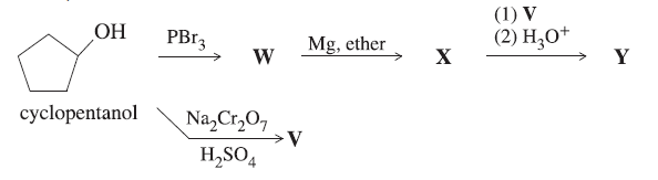 (1) V
(2) H;0+
OH
PB13
Mg, ether
W
X
Y
cyclopentanol
Na,Cr,07
H,SO4
