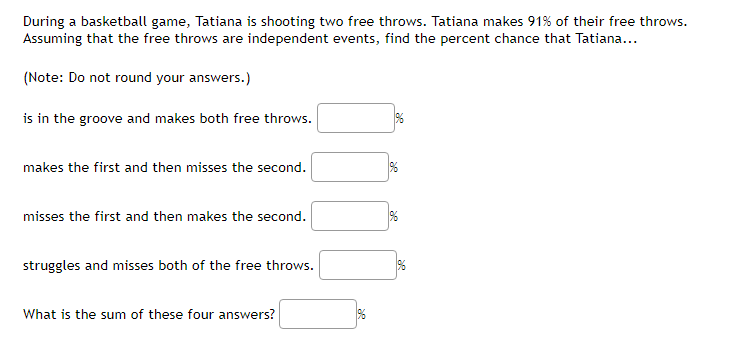 During a basketball game, Tatiana is shooting two free throws. Tatiana makes 91% of their free throws.
Assuming that the free throws are independent events, find the percent chance that Tatiana...
(Note: Do not round your answers.)
is in the groove and makes both free throws.
makes the first and then misses the second.
misses the first and then makes the second.
%
struggles and misses both of the free throws.
What is the sum of these four answers?
