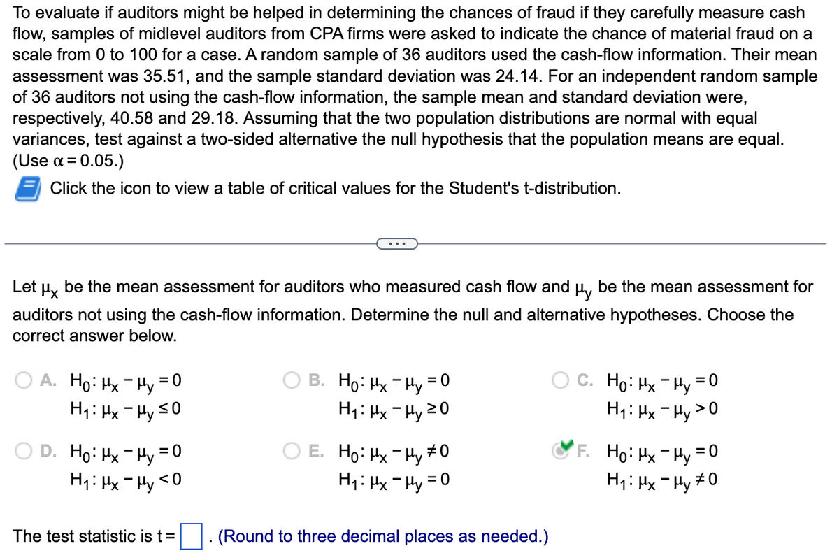 To evaluate if auditors might be helped in determining the chances of fraud if they carefully measure cash
flow, samples of midlevel auditors from CPA firms were asked to indicate the chance of material fraud on a
scale from 0 to 100 for a case. A random sample of 36 auditors used the cash-flow information. Their mean
assessment was 35.51, and the sample standard deviation was 24.14. For an independent random sample
of 36 auditors not using the cash-flow information, the sample mean and standard deviation were,
respectively, 40.58 and 29.18. Assuming that the two population distributions are normal with equal
variances, test against a two-sided alternative the null hypothesis that the population means are equal.
(Use α = 0.05.)
Click the icon to view a table of critical values for the Student's t-distribution.
Let μx be the mean assessment for auditors who measured cash flow and μy be the mean assessment for
auditors not using the cash-flow information. Determine the null and alternative hypotheses. Choose the
correct answer below.
A. Ho: Hx-Hy = 0
H₁: Hx-Hy ≤0
= 0
D. Ho: Mx Hy
H₁: Hx-Hy <0
The test statistic is t =
B. Ho: Mx Hy = 0
Hi HxHy 20
O E. Ho: Hx-Hy #0
H₁: Hx-Hy = 0
(Round to three decimal places as needed.)
= 0
Ho: Mx Hy =
Hi: HxHy>0
F. Ho: Mx Hy =(
0
H₁: Hx-Hy #0