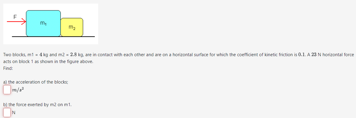 F
m₁
m₂
Two blocks, m1 = 4 kg and m2 = 2.8 kg, are in contact with each other and are on a horizontal surface for which the coefficient of kinetic friction is 0.1. A 23 N horizontal force
acts on block 1 as shown in the figure above.
Find:
a) the acceleration of the blocks;
m/s²
b) the force exerted by m2 on m1.
N