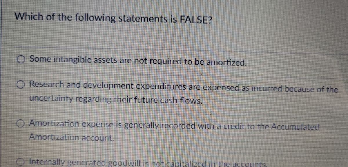 Which of the following statements is FALSE?
Some intangible assets are not required to be amortized.
Research and development expenditures are expensed as incurred because of the
uncertainty regarding their future cash flows.
Amortization expense is generally recorded with a credit to the Accumulated
Amortization account.
Internally generated goodwill is not capitalized in the accounts.