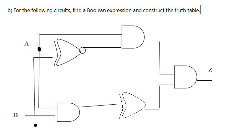 b) For the following circuits, find a Boolean expression and construct the truth table
A
D-
Z
B
