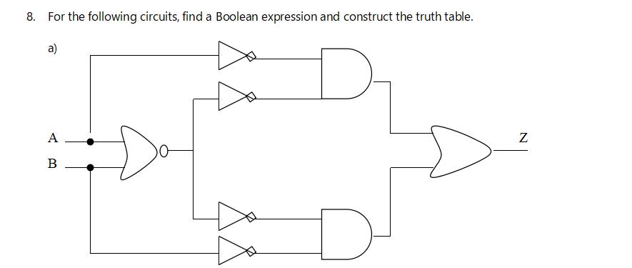 8. For the following circuits, find a Boolean expression and construct the truth table.
a)
A
В
