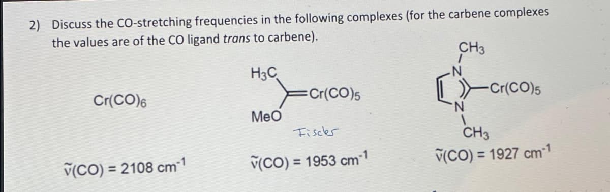 2) Discuss the CO-stretching frequencies in the following complexes (for the carbene complexes
the values are of the CO ligand trans to carbene).
CH3
H3C
Cr(CO)6
(CO) = 2108 cm¯¹
MeO
Cr(CO)5
Fischer
V(CO) = 1953 cm¯¹
>>
N
-Cr(CO)5
CH3
(CO) = 1927 cm-1