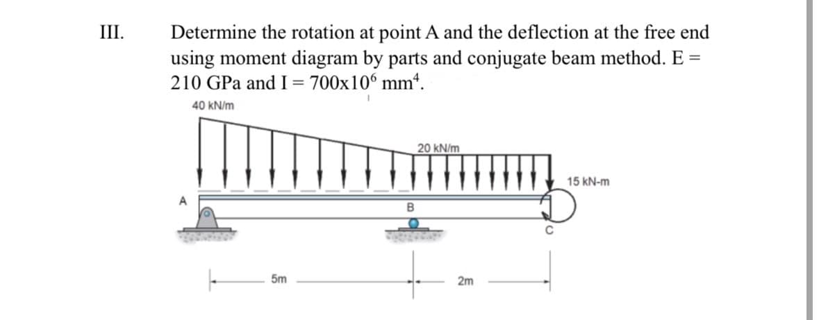 III.
Determine the rotation at point A and the deflection at the free end
using moment diagram by parts and conjugate beam method. E =
210 GPa and I = 700x10° mm².
40 kN/m
5m
B
20 kN/m
2m
15 kN-m