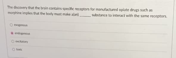 The discovery that the brain contains specific receptors for manufactured opiate drugs such as
morphine implies that the body must make alan) substance to interact with the same receptors.
O exogenous
endogenous
O excitatory
O toxic
